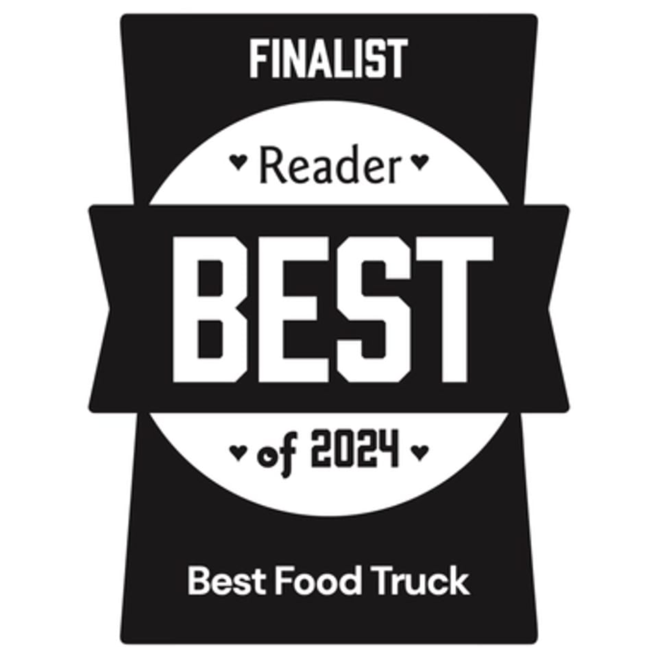 Black and white badge: "Finalist Reader Best of 2024 Best Food Truck" for Big Oven Pizza Mobile Truck.