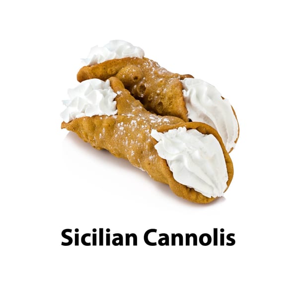 Two golden-brown Sicilian cannolis filled with white cream and dusted with powdered sugar.