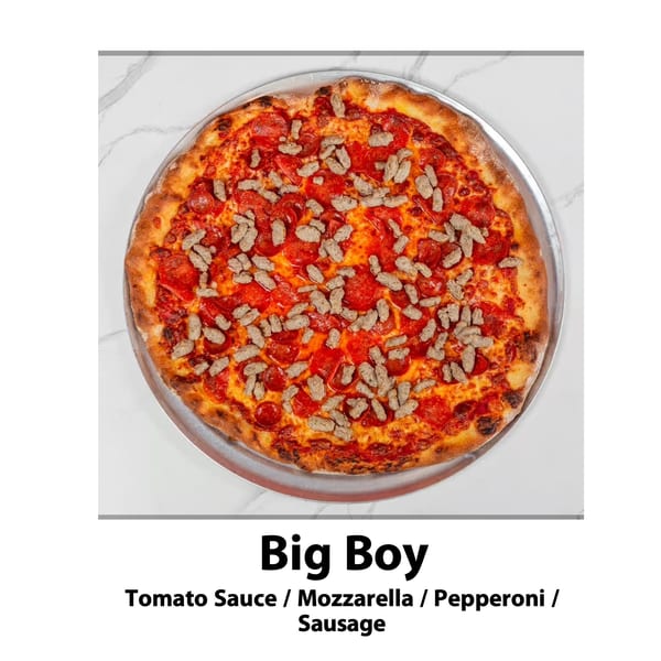 A Big Oven Pizza Mobile Truck's Big Boy pizza, topped with pepperoni and sausage, on a metal pan.