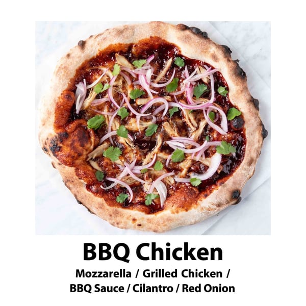 Big Oven Pizza's BBQ Chicken pizza with mozzarella, grilled chicken, BBQ sauce, cilantro, and red onion.