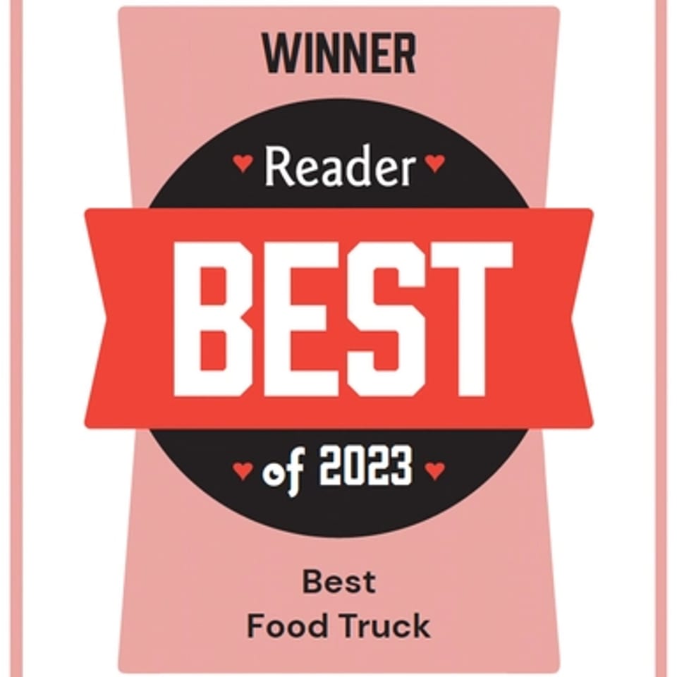 A pink and red graphic with text: "WINNER Reader BEST of 2023 Best Food Truck".