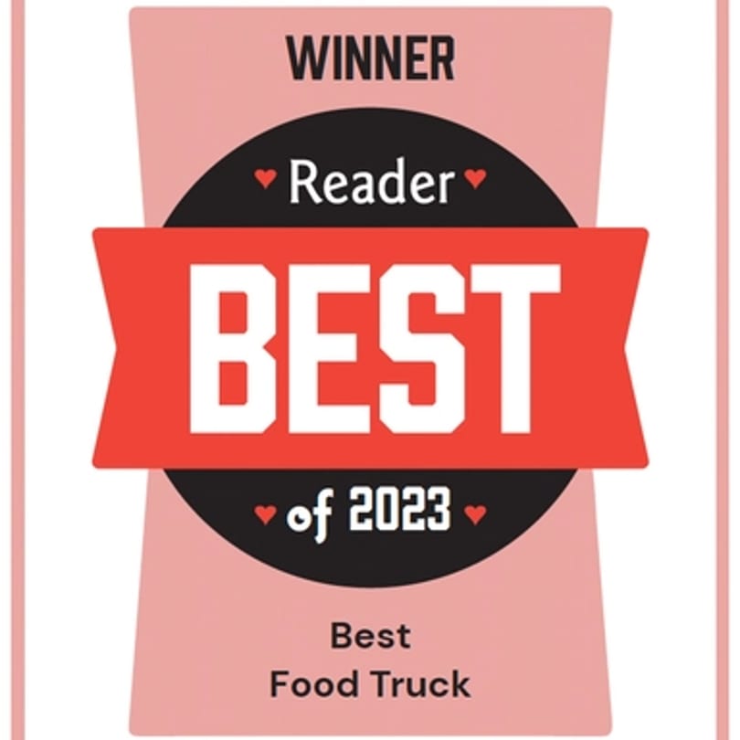 A pink and red graphic with text: "WINNER Reader BEST of 2023 Best Food Truck".