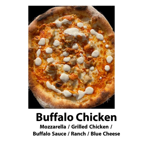 A close-up of a Buffalo Chicken pizza from Big Oven Pizza Mobile Truck, topped with mozzarella, grilled chicken, buffalo sauce, ranch, and blue cheese.