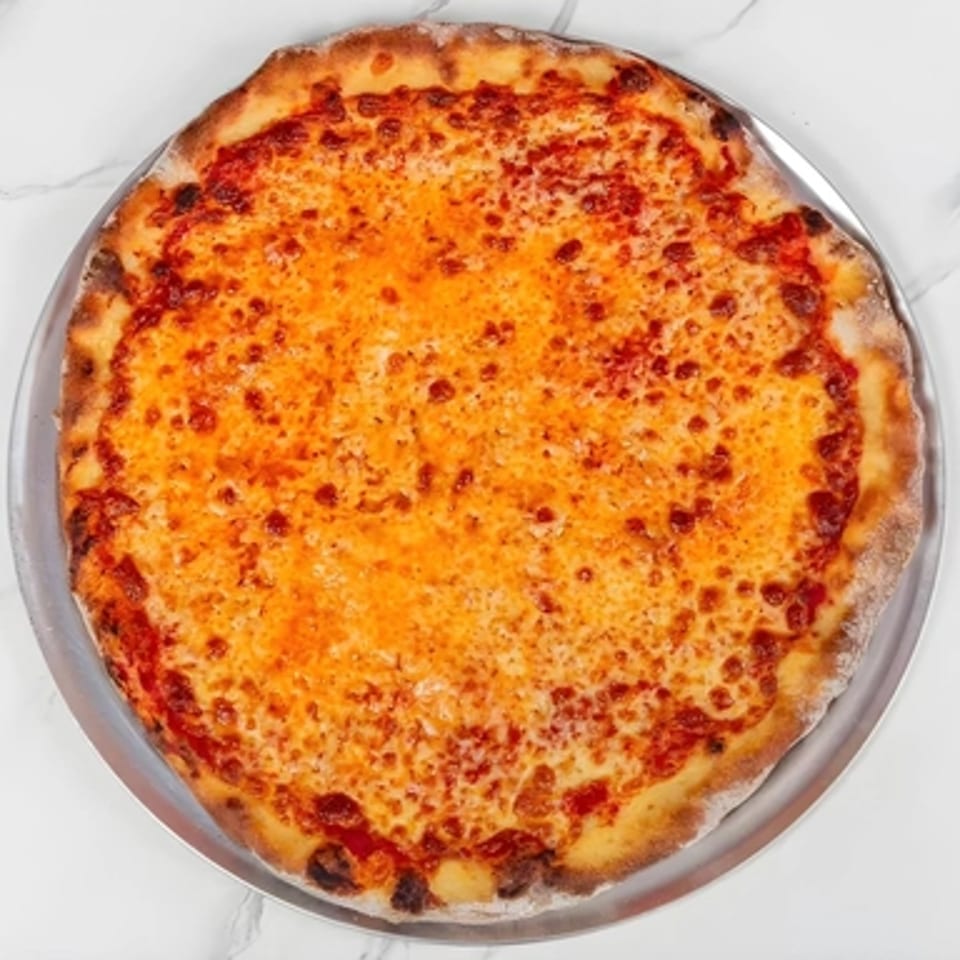 A whole cheese pizza from Big Oven Pizza Mobile Truck, with melted golden cheese and red sauce.