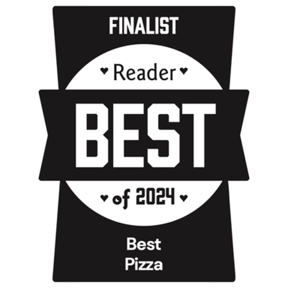 Black and white badge with text: "FINALIST Reader BEST of 2024 Best Pizza".