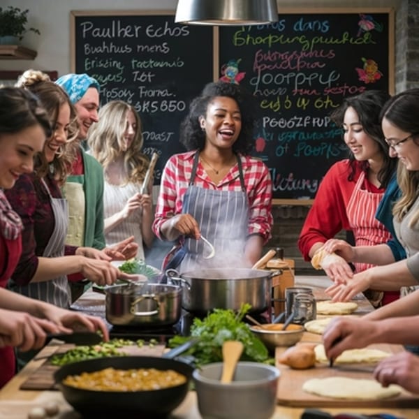 Diverse group of people happily cooking together in a kitchen with chalkboards in the background.