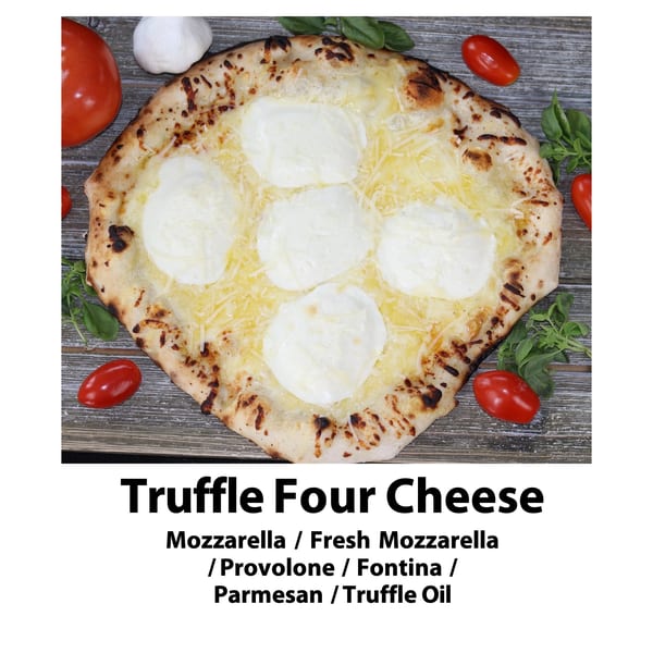 Truffle Four Cheese pizza with fresh mozzarella, parmesan, tomatoes, basil, and garlic.