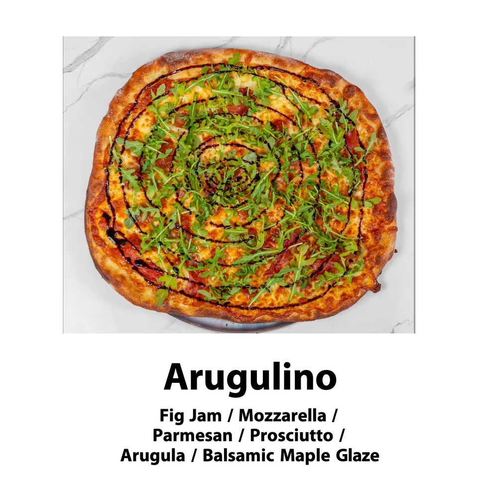 Arugulino pizza with fig jam, mozzarella, parmesan, prosciutto, arugula, and balsamic maple glaze.